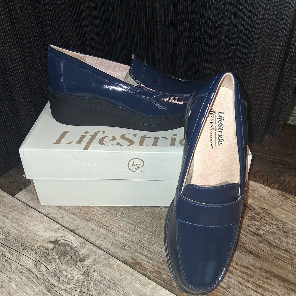LifeStride Dolce Wedge Faux Leather Loafer Lux Navy Blue Size 6
